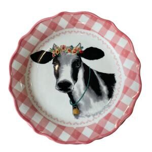 PIONEER WOMAN Pink Gingham COW 7in Appetizer Plate Set of 4 Stoneware NEW